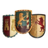 Collection of Three Antique Hand-Painted Metal Shields English Medieval Heraldic Designs Art For Sale