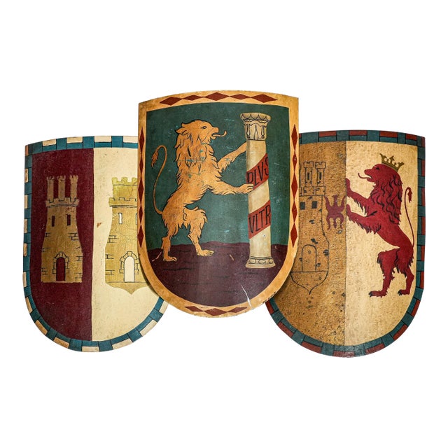 Collection of Three Antique Hand-Painted Metal Shields English Medieval Heraldic Designs Art For Sale