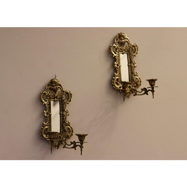 Late 19th Century Antique Brass Sconces with Mirrors, 1880, Set of 2 For Sale - Image 5 of 9