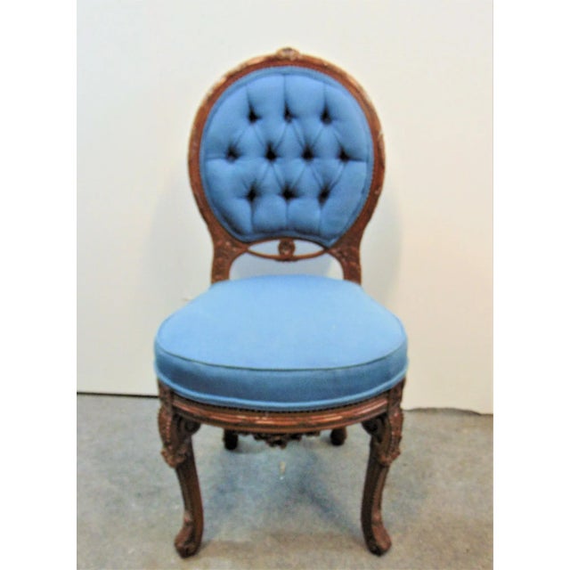 19th C Louis XV style side chair, very detail carved walnut frame, blue fabric, tufted back