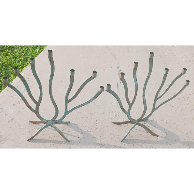 Vintage 7 Arm Brutalist Candelabra Hand-Forged Iron and Copper With Verdigris, a Pair For Sale - Image 4 of 15