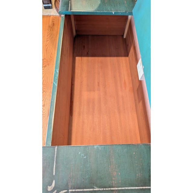 Hand-Painted Folk Art Storage Bench – Rustic Green With Floral Motifs For Sale - Image 9 of 10