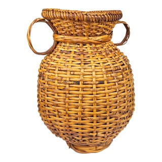 Vintage Boho Handwoven Rattan Amphora Basket For Sale