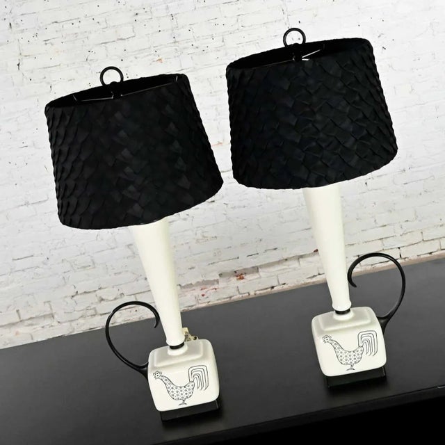 Mid-Century Modern Mid Century Modern Black and White Ceramic Lamps W/ Rooster Design, a Pair For Sale - Image 3 of 13