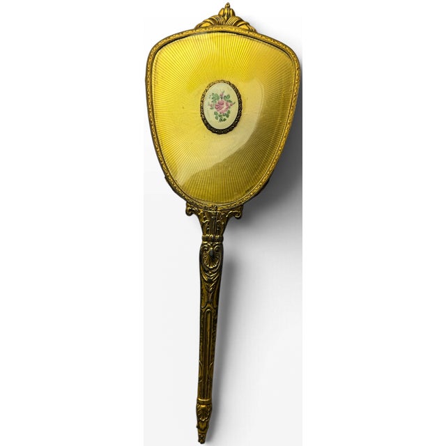 Vintage French Rococo Style Guilloche Enamel Vanity Hand Mirror With Hand-Painted Limoges Style Porcelain Rose Medallion For Sale In Portland, ME - Image 6 of 6