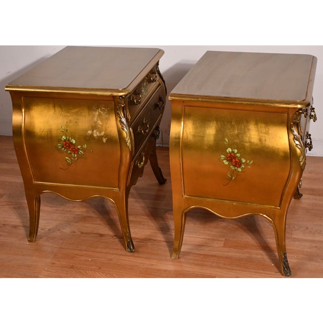 Wood 1940 French Style Gold Leaf Fruit Wood Nightstands Bedside Tables For Sale - Image 7 of 18
