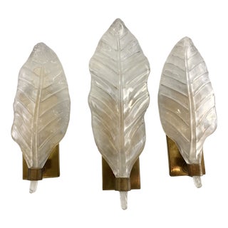 Glass Leaf Wall Lights with Gold and Brass Inclusions, 1940s, Set of 3 For Sale