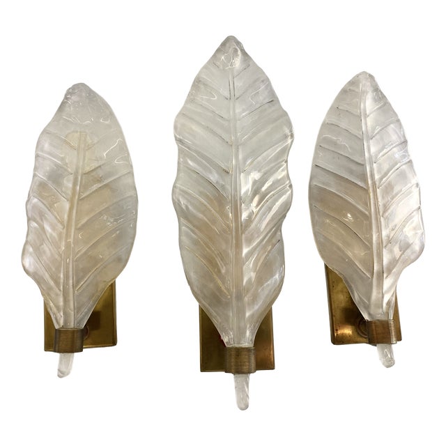 Glass Leaf Wall Lights with Gold and Brass Inclusions, 1940s, Set of 3 For Sale