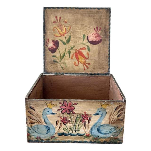 Mid 20th Century Hand-Painted Folk Art Wooden Cigar Box For Sale
