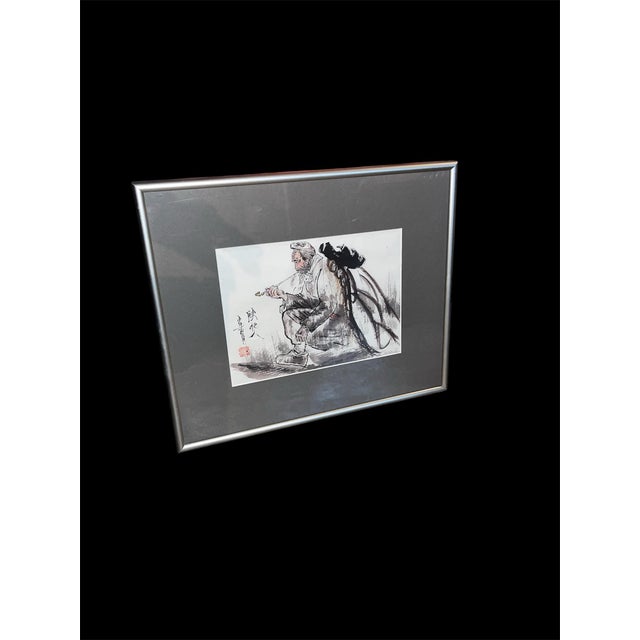 Vintage Chinese Ink Figure Painting of Elderly Man With Pipe, Signed & Sealed, Framed For Sale - Image 10 of 12