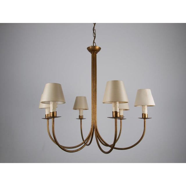 Large Brass Six-Arm Chandelier with Fabric Shades, Germany, 1970s For Sale - Image 3 of 10