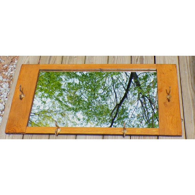Early 20th Century Mission Arts & Crafts Solid Oak Framed Entry Mirror Hat Coat Rack For Sale - Image 5 of 13