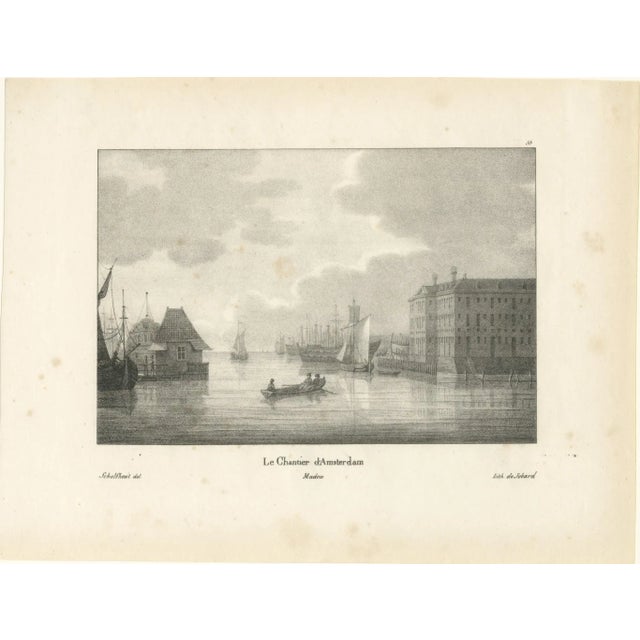Amsterdam Maritime Shipyard View by Schelfhout, 19th Century Lithograph This evocative 19th-century lithograph titled 'Le...
