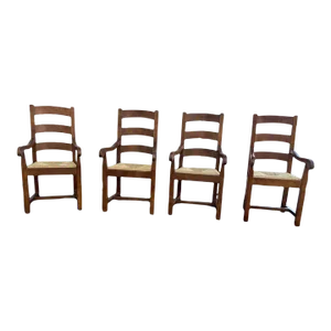 Mid 20th Century French Country Farmhouse Style High Ladder Back Rush Seat Dining Armchairs- Set of 4