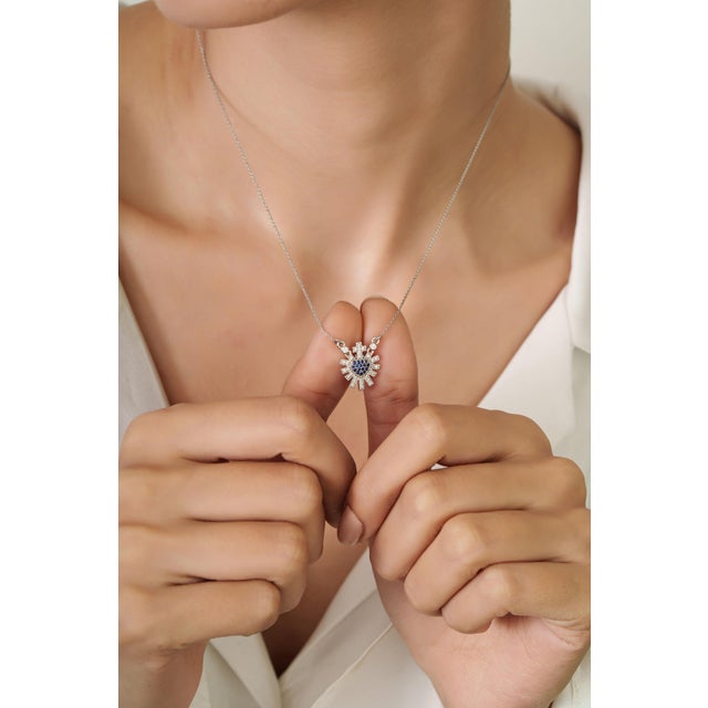 Sacred Heart Blue Sapphire & Diamond Sunburst Pendant Necklace in 14k White Gold For Sale - Image 4 of 17