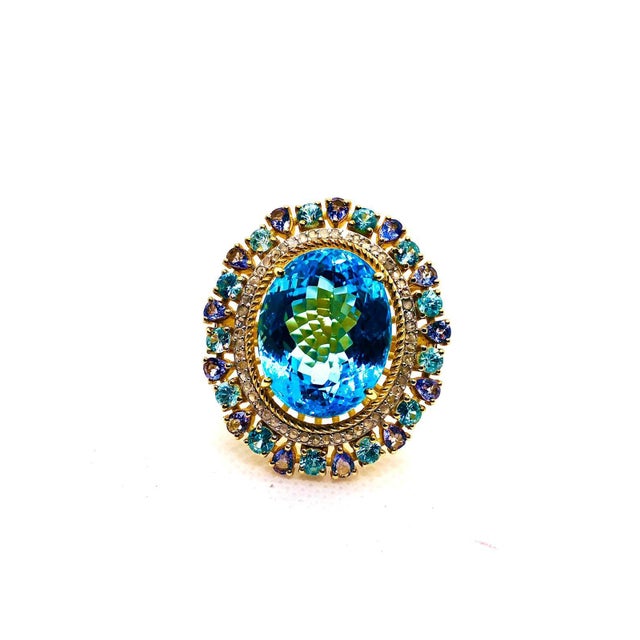 Blue Bochic “Capri” Vintage Blue Topaz, Tanzanite & Diamond Ring Set In 18K Gold & Silver For Sale - Image 8 of 11