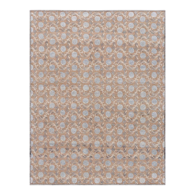 Rug & Kilim’s Modern Block Print Rug in Brown and Blue with Floral Patterns - 12x15 For Sale