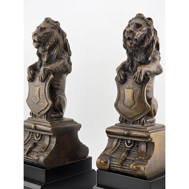 Rare Antique Pair of Victorian-Era Bronze Lion Rampart Bookends on Pedestal. For Sale - Image 4 of 16