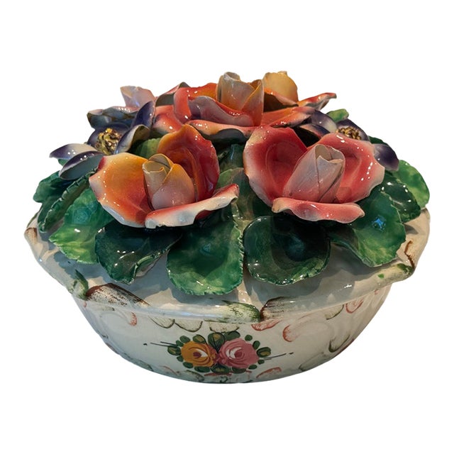 Mid-Century Italian Majolica Capodimonte Style Hand-Painted Floral Trinket Dish For Sale