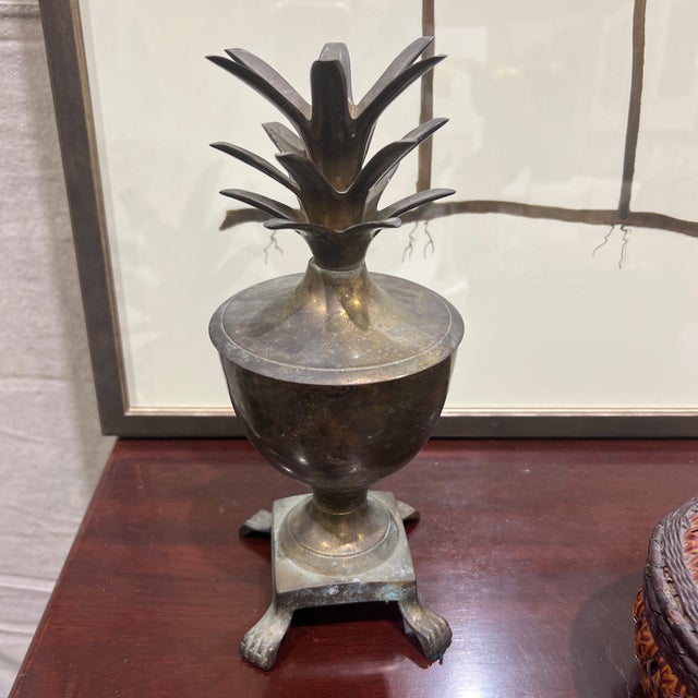 Vintage Hollywood Regency Style Solid Brass Pineapple Urn With Paw Feet For Sale - Image 4 of 7
