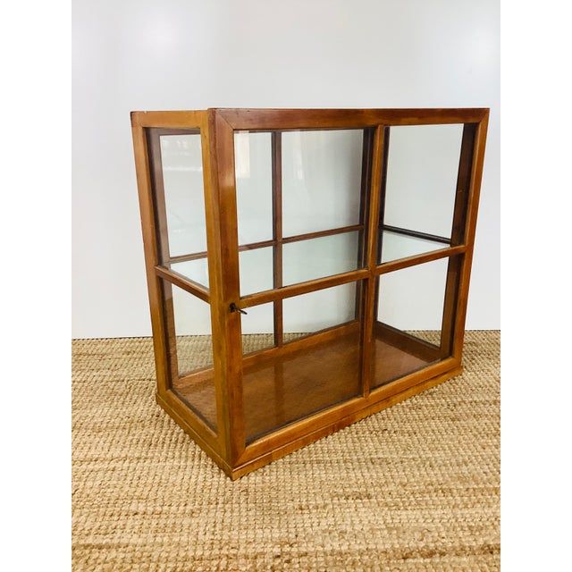 Vintage 30s / 40s Glass & Wood Display Case wood frame glass on all sides 2 levels with removable glass shelf front door...