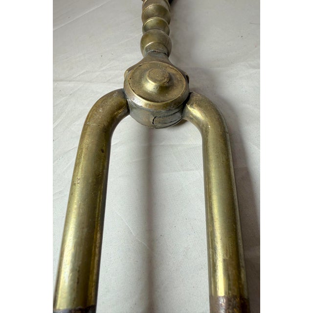 Antique 18th Century Wrought Iron Turned Brass English Fireplace Tongs Tool 3 For Sale In New York - Image 6 of 10