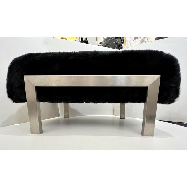 Metal 1970s Italian Vintage Black Faux Fur Steel Bed Stool Bench For Sale - Image 7 of 12