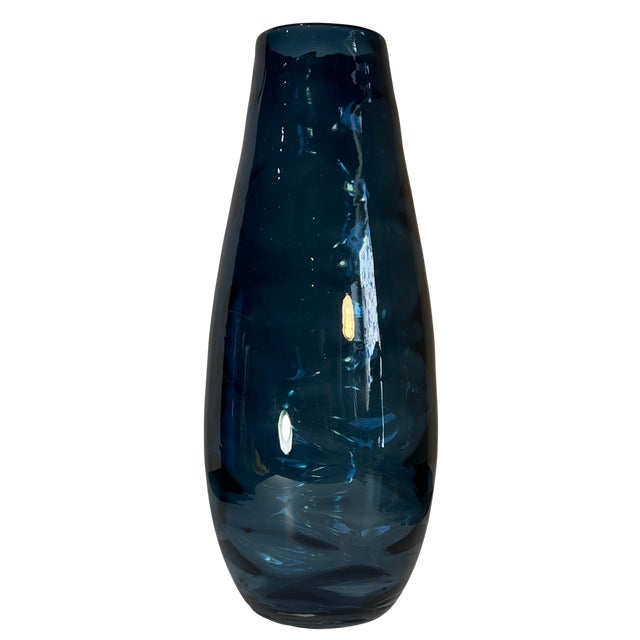 14+ In, Tall Art Glass Wavy Pattern Blue Vase For Sale - Image 10 of 12