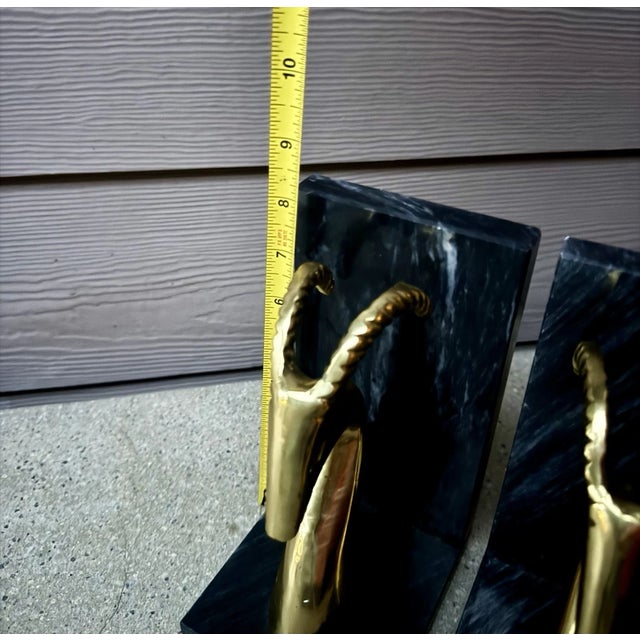 Mid-Century Modern Vintage MCM Gazelle Antelope Brass Marble Bookends For Sale - Image 3 of 5