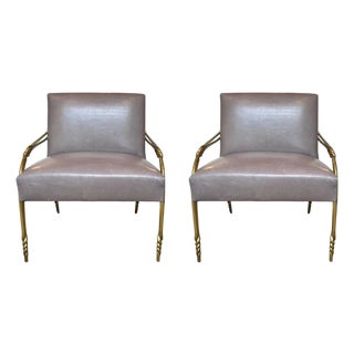 Baker Modern Gray Leather and Brass Mila Lounge Chairs Pair For Sale