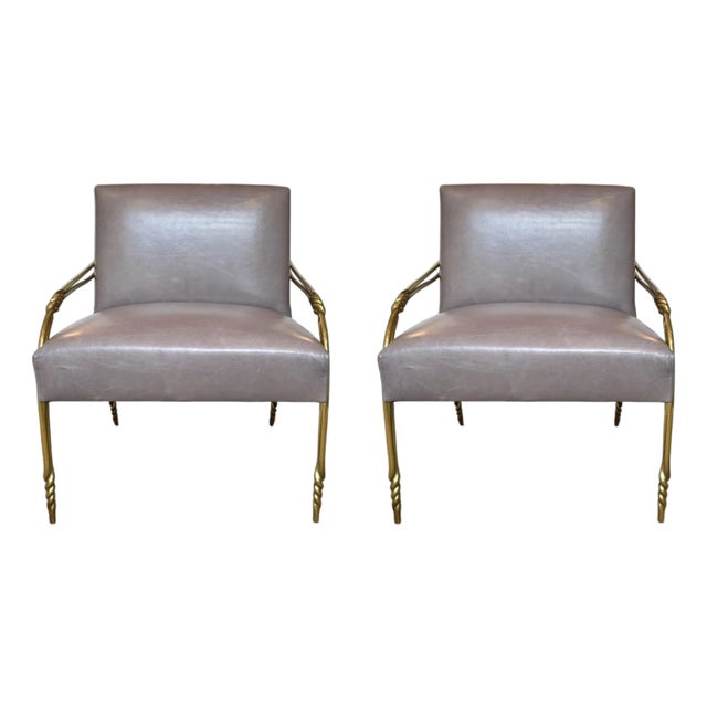 Baker Modern Gray Leather and Brass Mila Lounge Chairs Pair For Sale