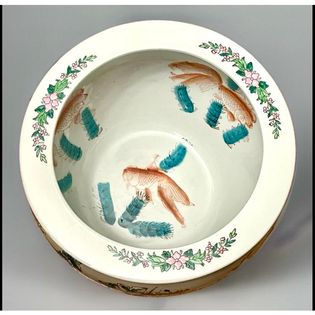Metal Mid 20th Century Famille Rose Fishbowl Planter With Hand‑Painted Koi For Sale - Image 7 of 10