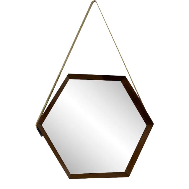 Mid-Century Hexagonal Mirror in Teak, Italy, 1960s For Sale