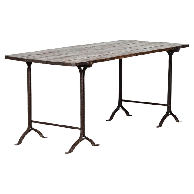 19th Century Iron & Pine Trestle Table, 1890s For Sale
