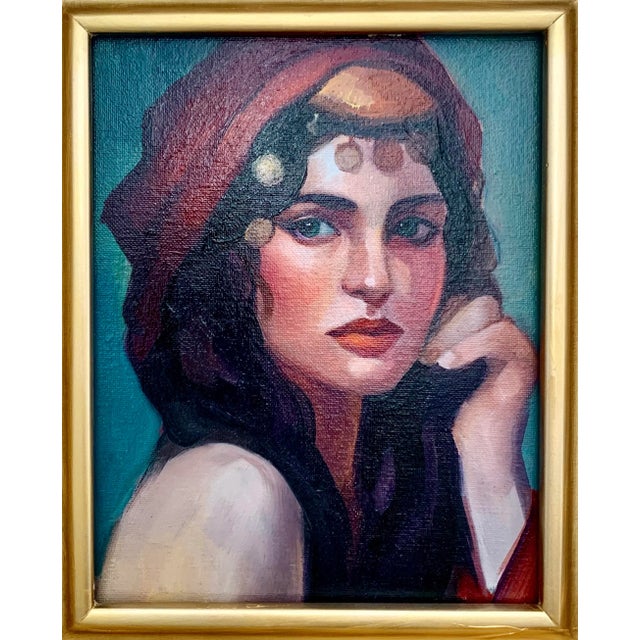 Original oil portrait of a desert princess in ornate gold frame. Captivating romantic piece for bohemian interiors....