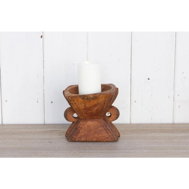 These rustic, antique hand-carved teak Bijani three hole seeder. A traditional farm tool from India, re-purposed as a...