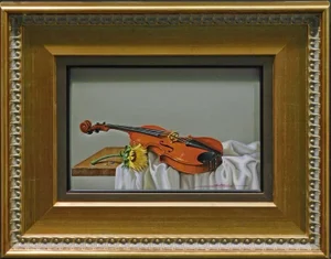 Javier Mulio Still Life "Sonata" Original Oil on Board Guitar Hand Signed