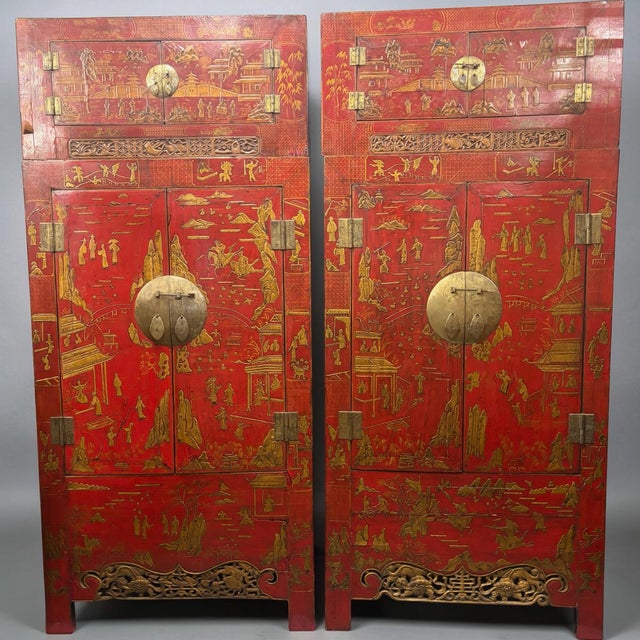 Pair Antique Red Chinoiserie Wedding Cabinets Armoires For Sale - Image 10 of 10