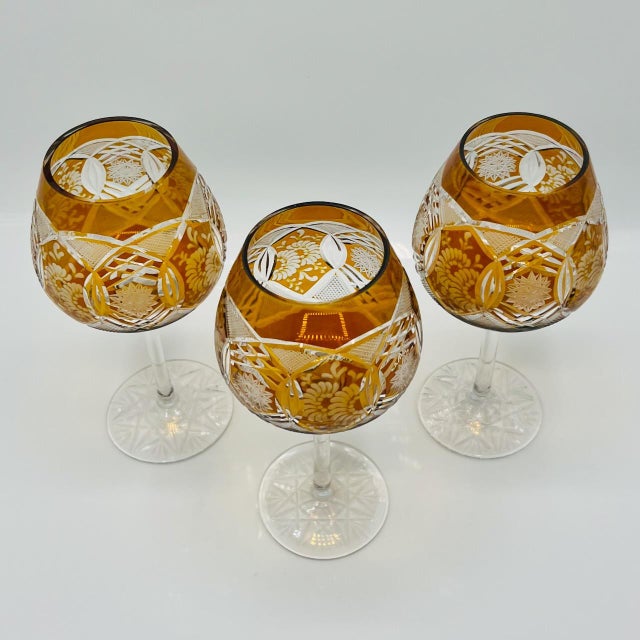 Glass Vintage Bohemian Amber Cut-to-Clear Wine Glasses, 1950s, Set of 3 For Sale - Image 7 of 11