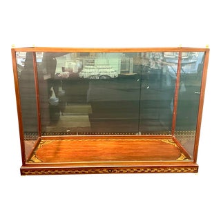 Vintage Ship Model Inlaid Marquetry Display Case With Bone Feet & Finials For Sale