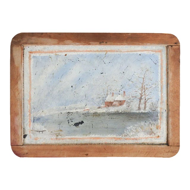 Antique Folk Art Lakeside Cabin Winter School Slate Painting For Sale