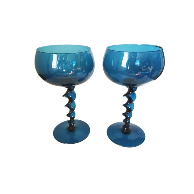 Mid-Century Modern Vintage Mid Century Twisted Stem Art Glass Royal Blue Snifters- a Pair For Sale - Image 3 of 8