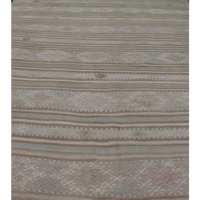Tan Vintage Turkish Kilim Rug in Soft Taupe, Beige, and Pale Blue Striped Design For Sale - Image 8 of 12