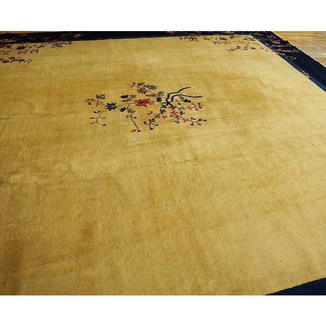 Textile 1920s Beige Foliate Floral Antique Chinese Peking Rug 13'2" X 14' Knotted Wool Carpet For Sale - Image 7 of 13