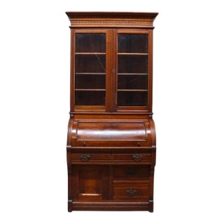 Victorian Walnut & Burl Roll Top Secretary Desk C1880 For Sale