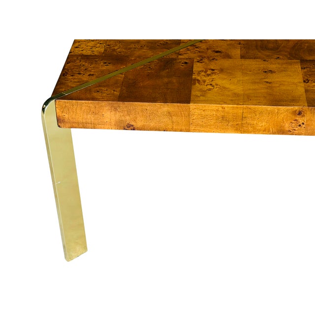 Vintage 1970s Burl Wood & Brass Coffee Table | Hollywood Regency Milo Baughman Style | Parquet Burl Cocktail Table For Sale - Image 9 of 16