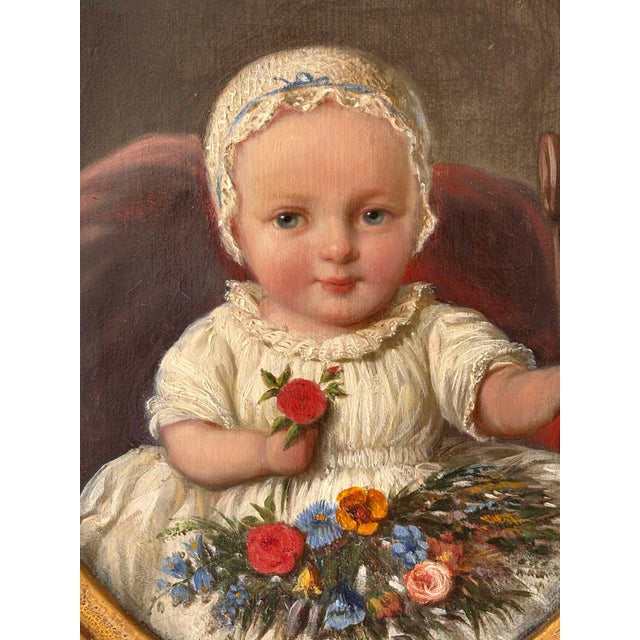 Victorian Artist, Baby Portrait with Flowers, Oil Painting, Framed For Sale - Image 3 of 10