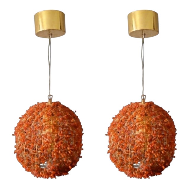 Vintage Orange Glass Beaded Large Round Orb Globe Chandelier Pendent Light Fixtures- A Pair For Sale