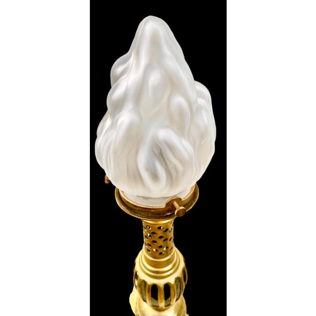 Metal Attributed to James Mont MCM Gilt Brass Candlestick Lamp With Frosted Glass Flame Shade For Sale - Image 7 of 14