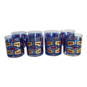 Vintage Berta Barware Greek Key Gold, Blue & Magenta MCM 60s Lowball Glasses - Set of 8
